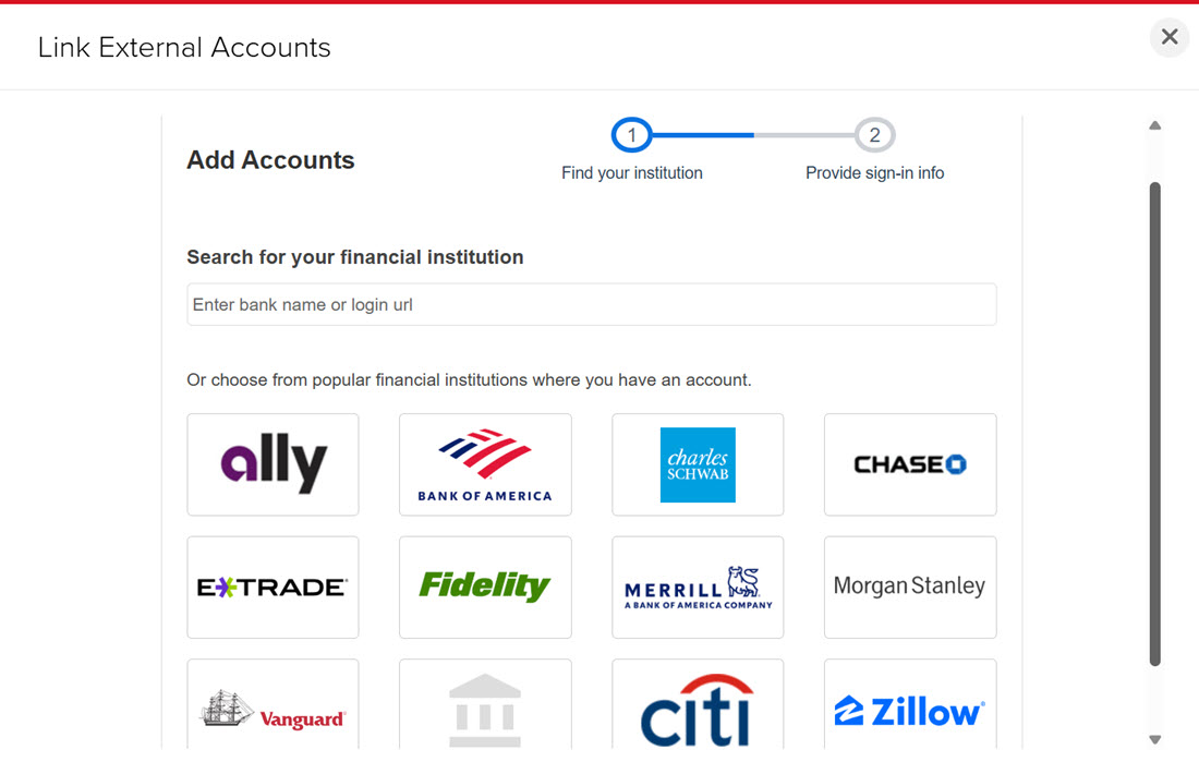 Image of the PortfolioAnalyst non-IBKR add external account panel. 